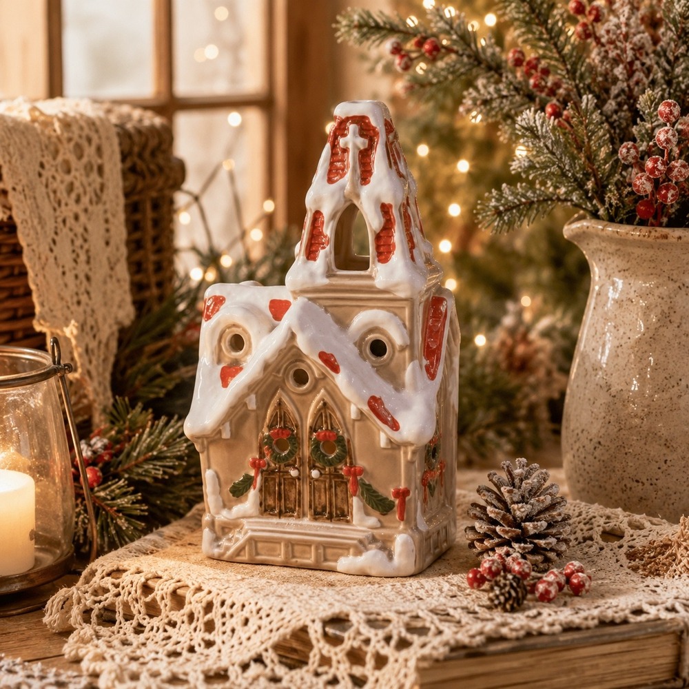 Fitz and Floyd Vintage Ceramic Christmas Village Church Hand Painted Snow 8.5"
